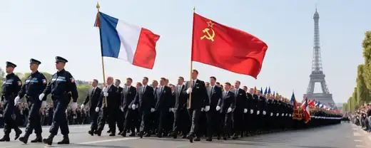 Парижская миля памяти: участники "Бессмертного полка" с знаменем победы